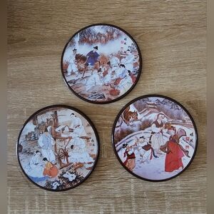 Vintage Set of Three Asian Art Picture Coasters